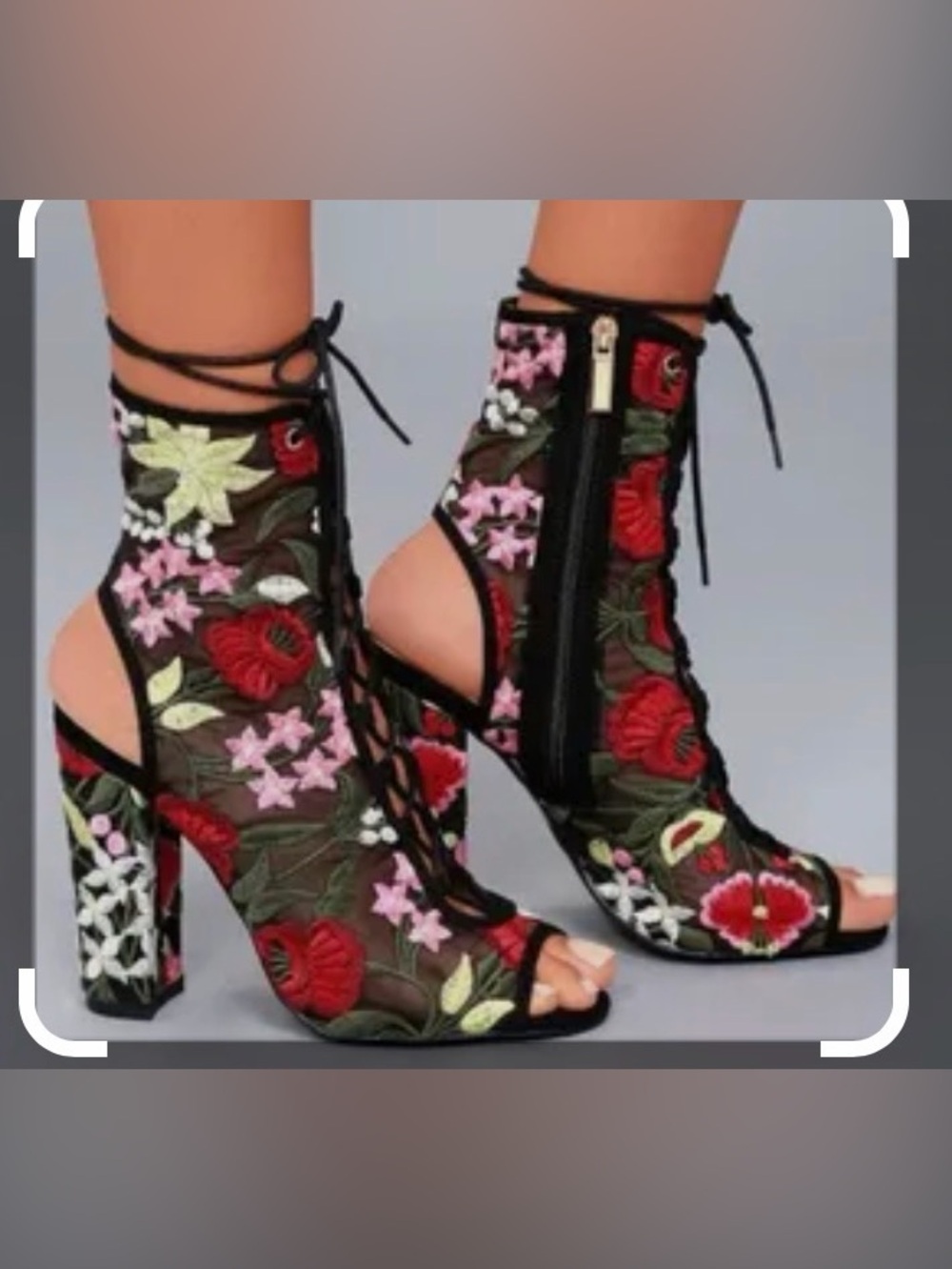 Liliana Chasity Floral Embroidered Mesh Peep Toe Lace Up Booties Black Size 10